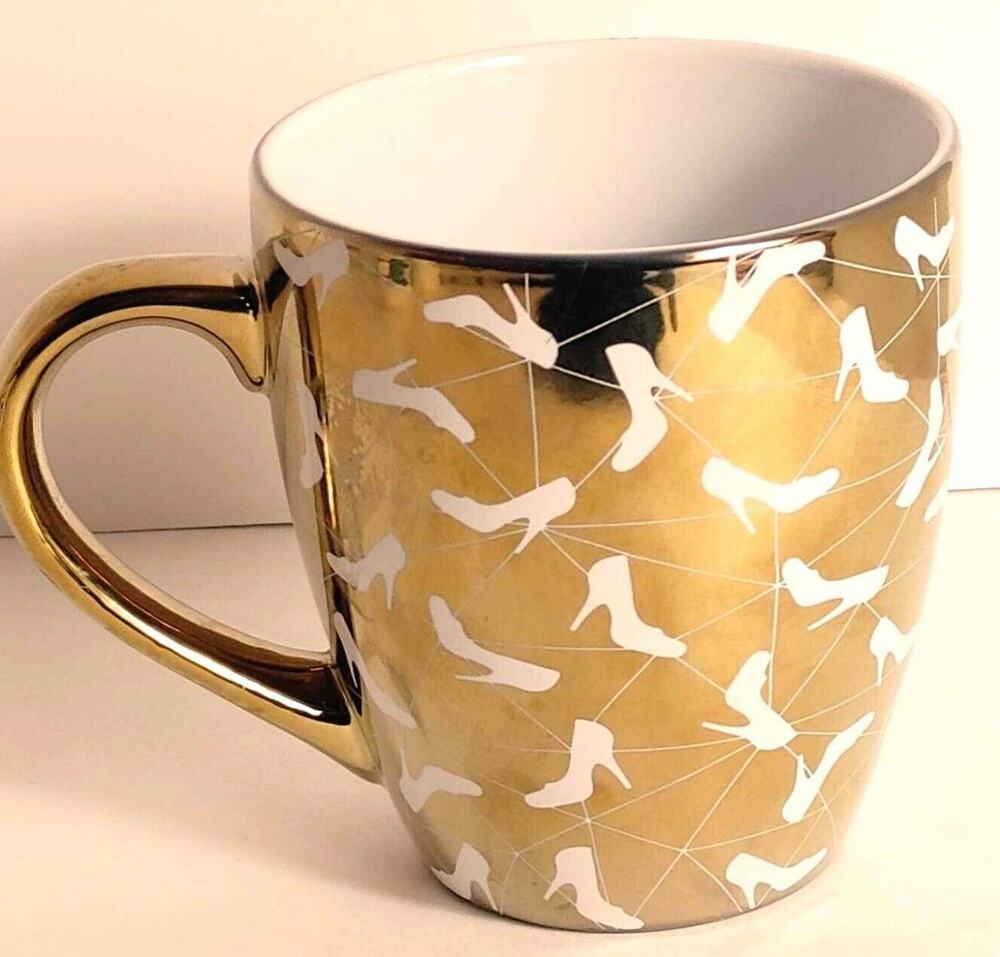 Gold Toned Mirrored White High Heel Stiletto Shoe Print Coffee Cocoa Tea Mug